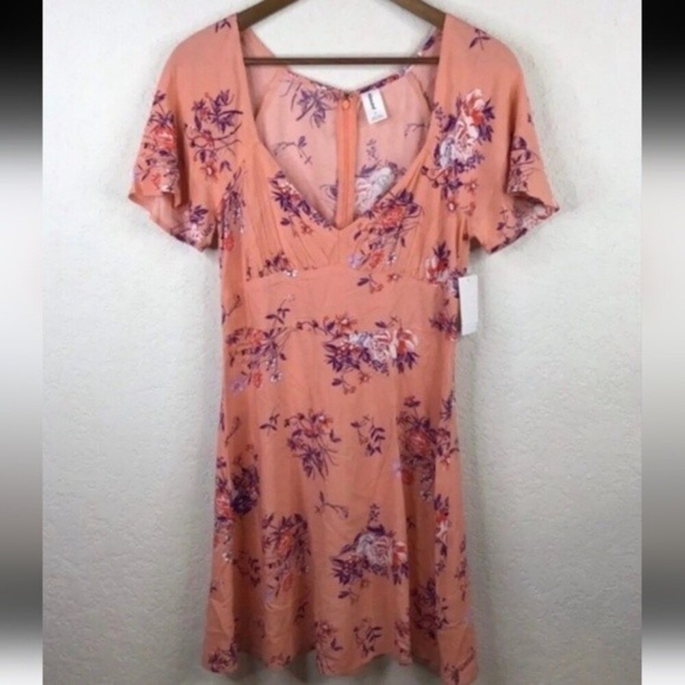 Abound Mini Dress Short Sleeve Skater V Neck Pink Coral Floral size L